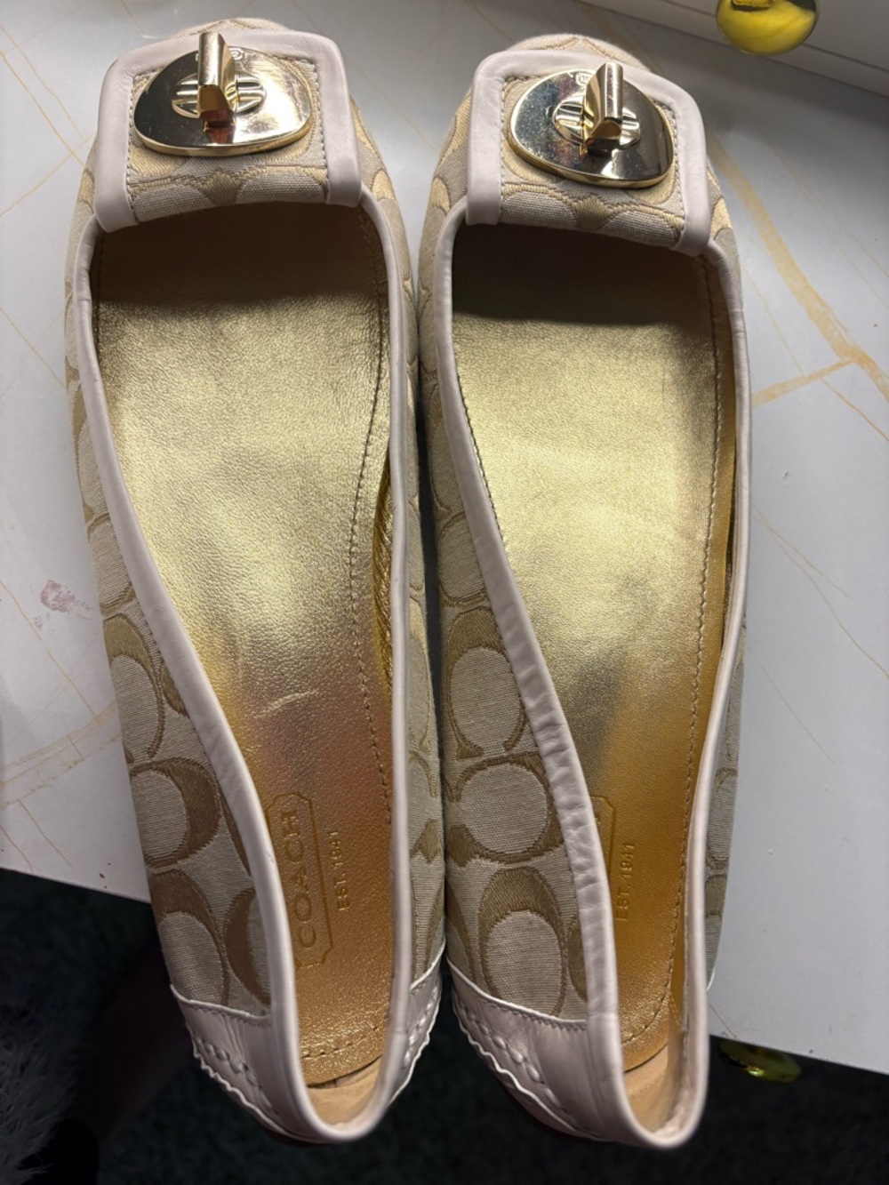 Coach Cream & Light Khaki Signature Ballet Flats with Gold Accent - Picture 8 of 16